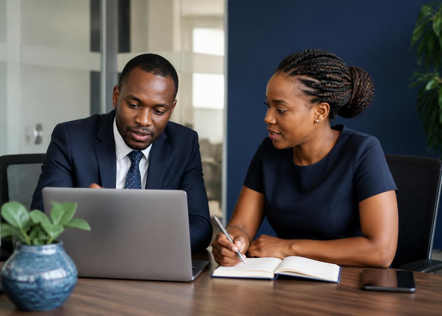 Two colleagues reviewing a project plan together